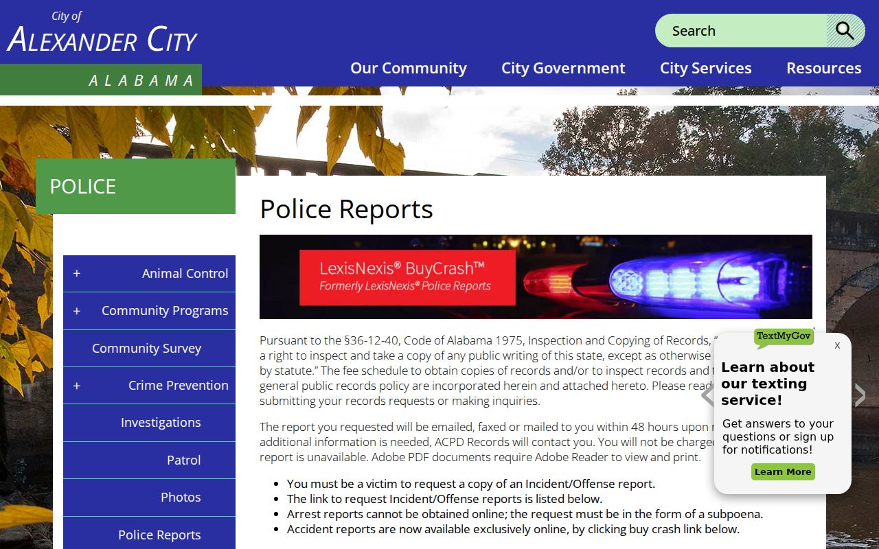 Alexander City criminal records police report request page
