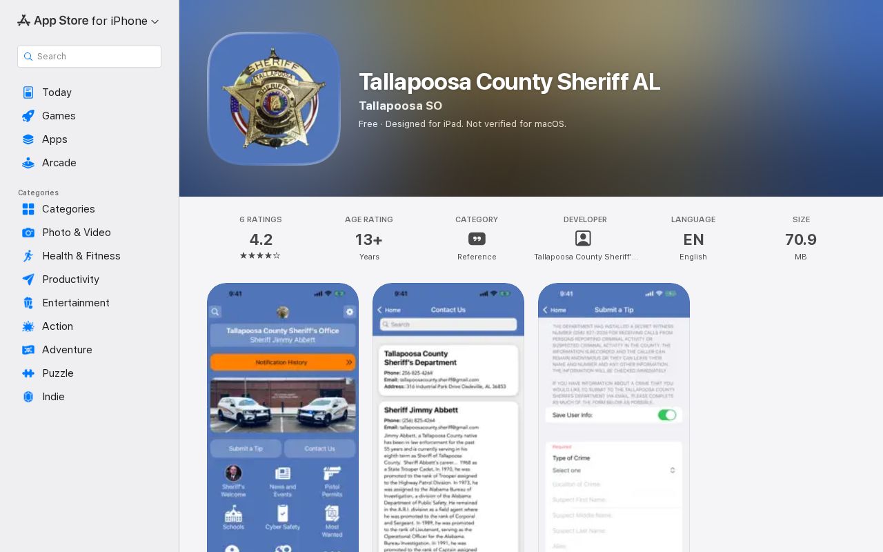 Tallapoosa County Sheriff AL iPhone app listing and public-safety features