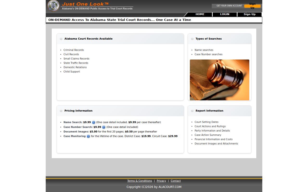 Just One Look Alabama trial court search page for Tallapoosa County criminal cases